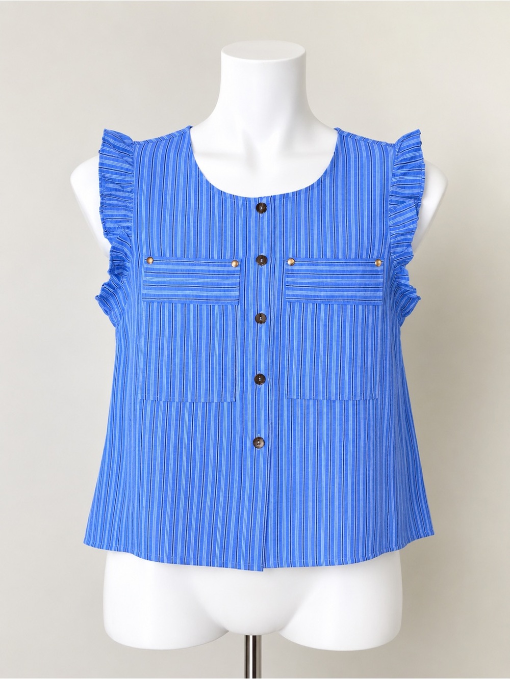 Women’s Blue Striped Ruffle-Sleeve Button-Front Camisole